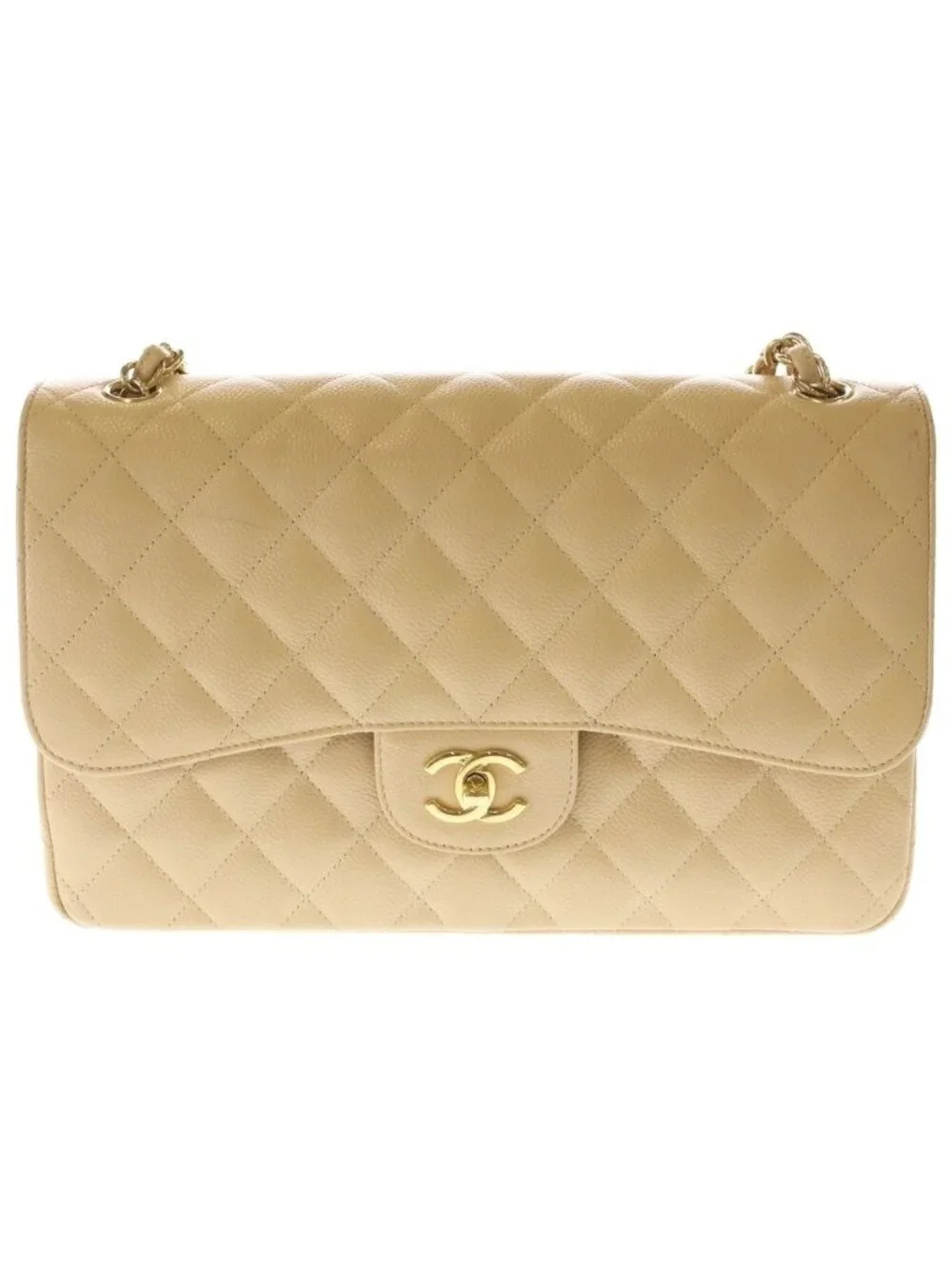 Chanel Deca Quilted 30 Caviar Leather Double Flap Chain Shoulder Bag Gold Beige